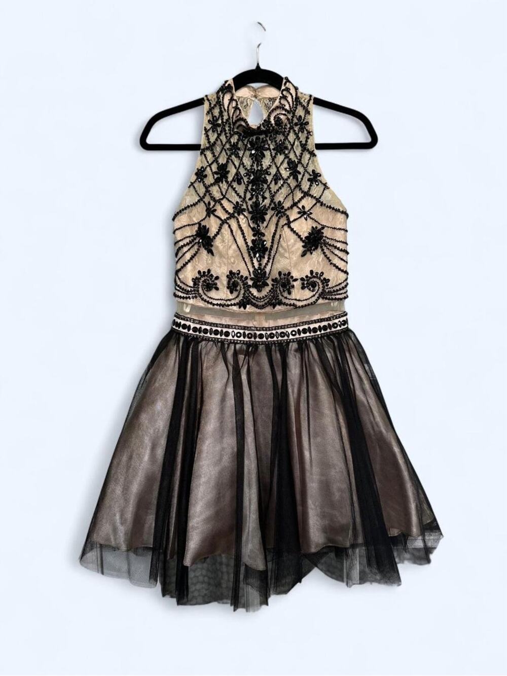 Dave & Johnny Beaded Tulle Prom Dress Size 5/6 Black Gold Whimsigoth Goth Mini